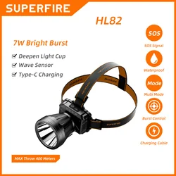 SUPERFIRE HL82 Super Bright USB-C Rechargeable High Power Headlamp Head Flashlight Built-in 18650 Battery Camping Lantern