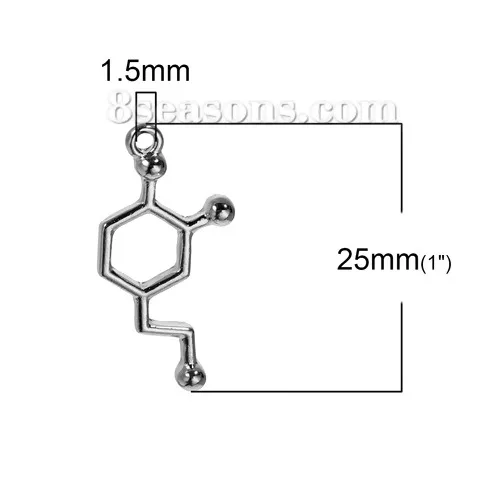 Zinc Based Alloy Molecule Chemistry Science Charms Dopamine Silver Color Pendants For DIY Necklace Jewelry Making, 10 PCs