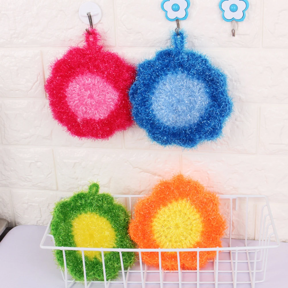 

3pcs Flower Shaped Dish Towel Cleaning Washing Polyester Yarn Scrubber Scouring Cloth Durable Water Absorption Kitchen Supply
