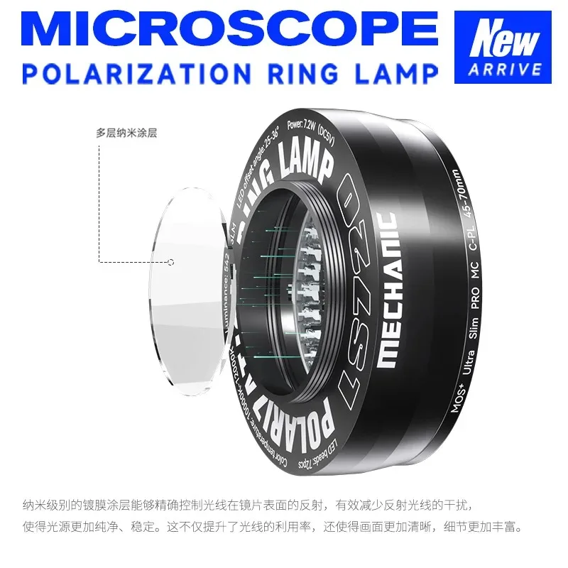 

Кольцевой светильник для микроскопа Mechanic LS720, поляризационный кольцевой светильник, устраняет блики и отражение для большинства стереомикроскопов, размер 48 мм