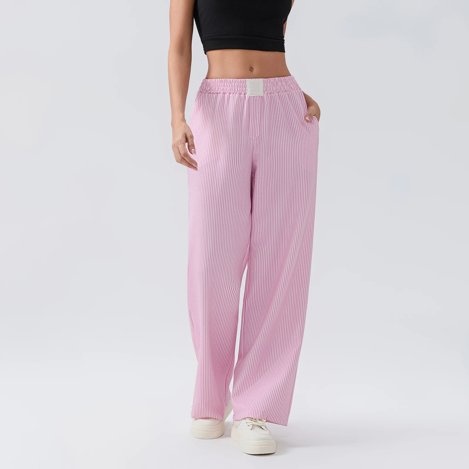 Combhasaki-Pantalones largos holgados con estampado de rayas estéticas para mujer, ropa de calle elástica de cintura alta, pantalones de pierna recta con bolsillos, Y2K