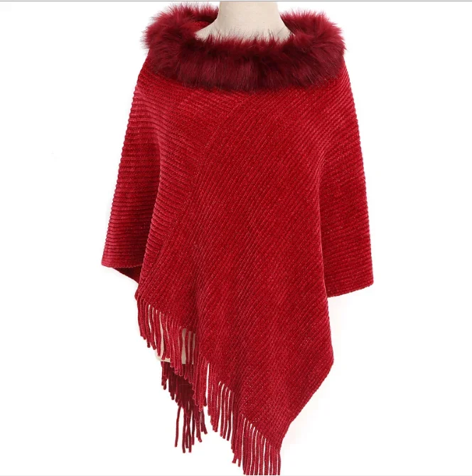 

Autumn Winter Warm Chenille Wool Collar Cloak Women's Large Monochrome Pullover Knitted Shawl Girl Tassel Coat keep Warm Red