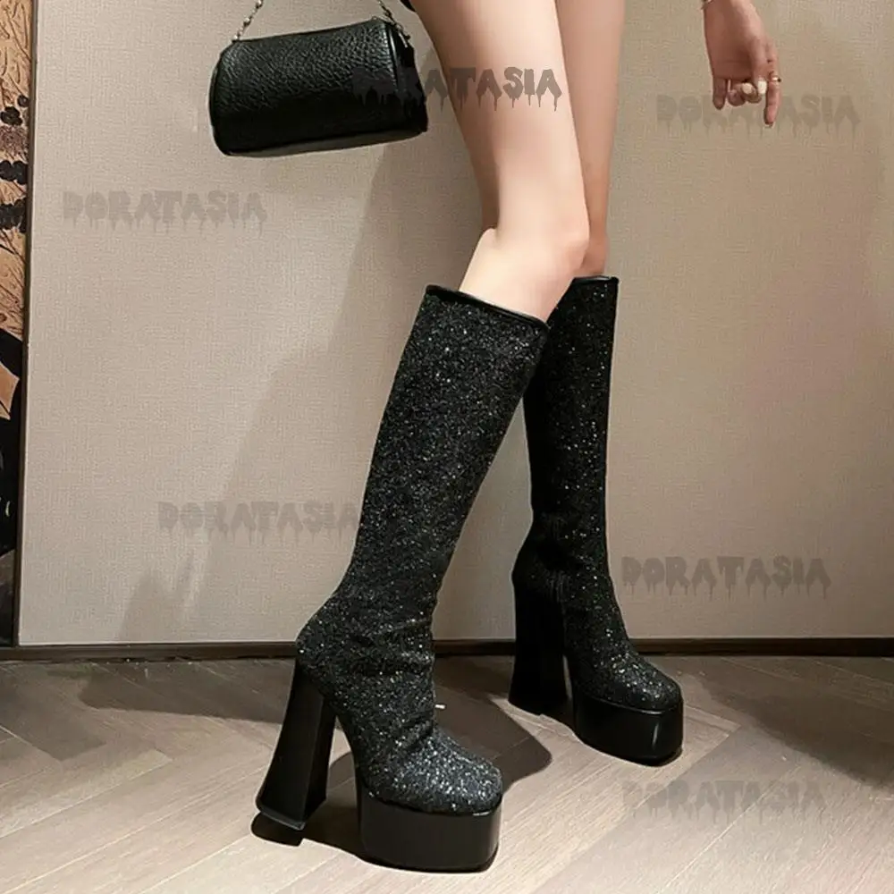 Fashion High Heeled Bling Women Boots Vintage Retro Party Mid Calf Modern Boots Platform Comfy Casual Zipper Lovely Winter Shoes