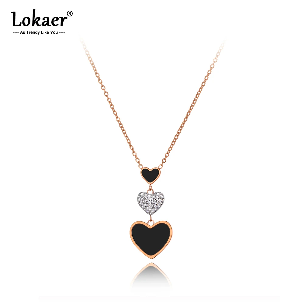 Lokaer 316L Stainless Steel CZ Crystal Heart Pendant Necklaces Rose Gold Plated Black Acrylic Choker Necklace For Women N20066