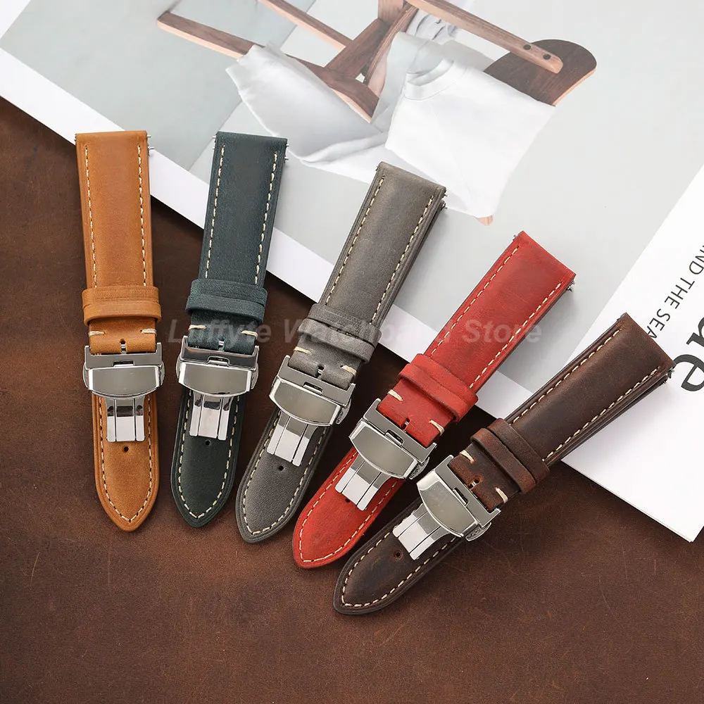 Crazy Horse Leather Watch Strap Quick Release Design Stainless Steel Butterfly Buckle 18/20/22mm Men's Watch Accessories image 2