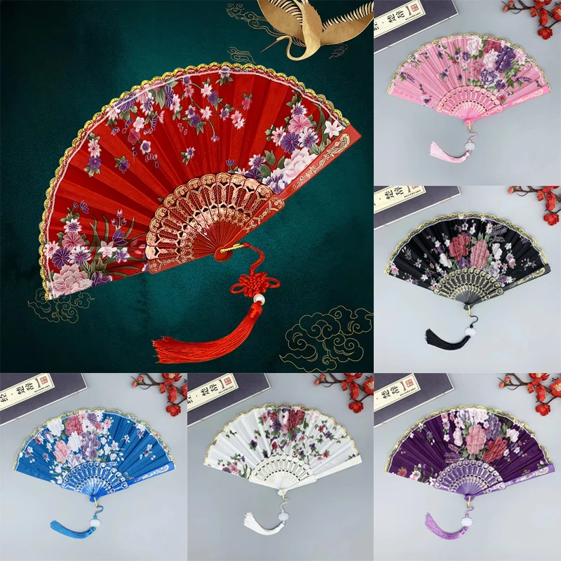 

23cm Chinese Japanese Vintage Silk Folding Fan Wooden Bamboo Shank Classical Dance Fan Tassel Female Fan Home Decoration Crafts