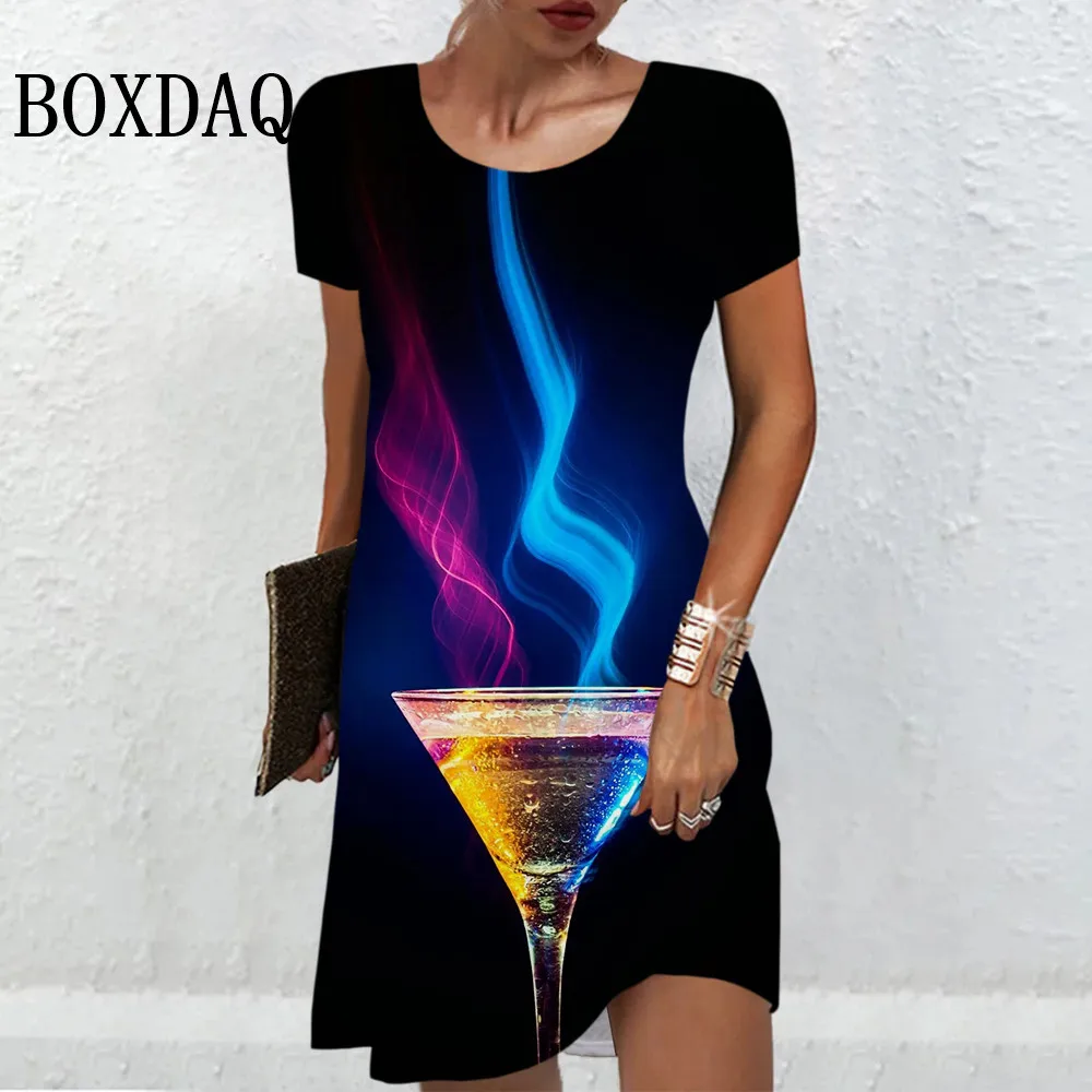 

Glass Print Dresses For Women 2024 Summer Short Sleeve Cocktail Party Dresses Casual Plus Size Fashion Elegant Loose Plus Size