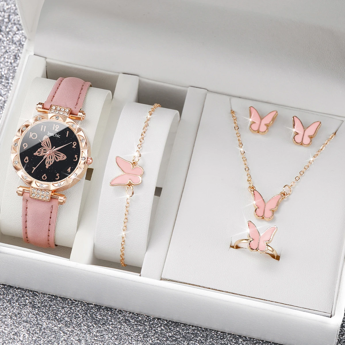 5PCS/Set Fashion Rhinestone Butterfly Women Watch Jewelry Set Female Leather Band Watch Ladies Clock(Without Box)
