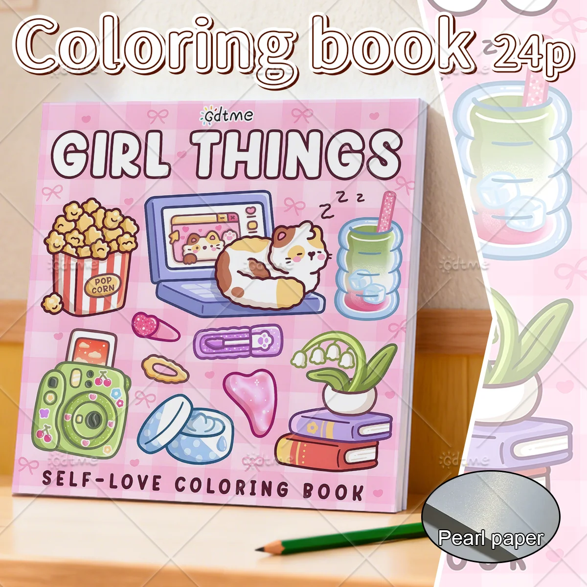 Girl Things Self Love Coloring Book for Adults Cute Girly Doodle Cat Illustration Stress Relief Art Therapy Gift