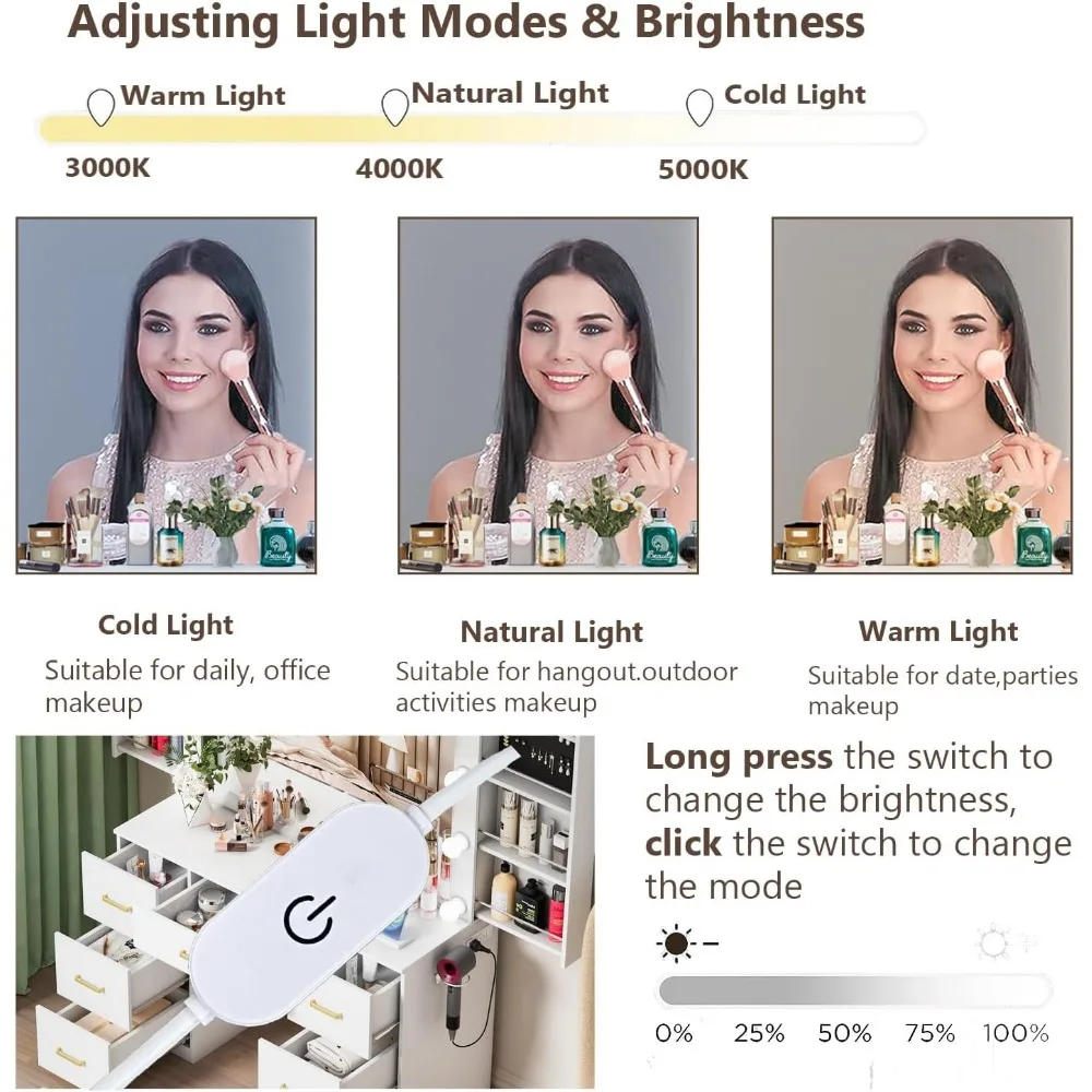 Lighted Mirror Vanity Desk with Adjustable Brightness, 3 Color Modes, Drawer and Power Outlet