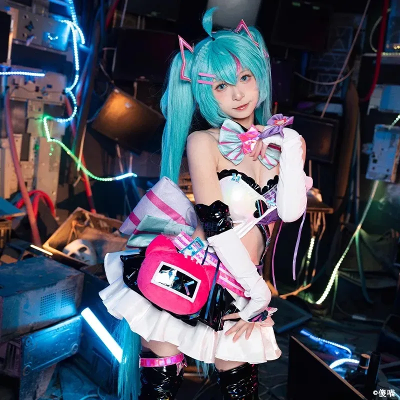Anime Snow Miku Costume Cosplay Parrucche Donna Sexy Bar in pelle Gonna Abito Bunny Girl Kawaii Uniforme carina Abiti di carnevale di Halloween