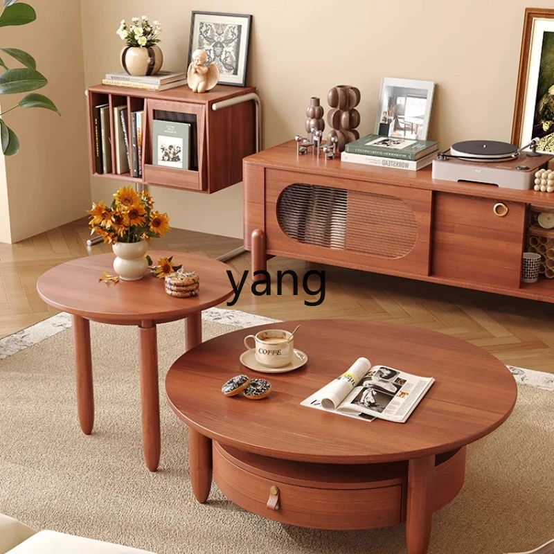 LMMSolid Wood Coffee Table Vintage Style Round Edge Glass Retro