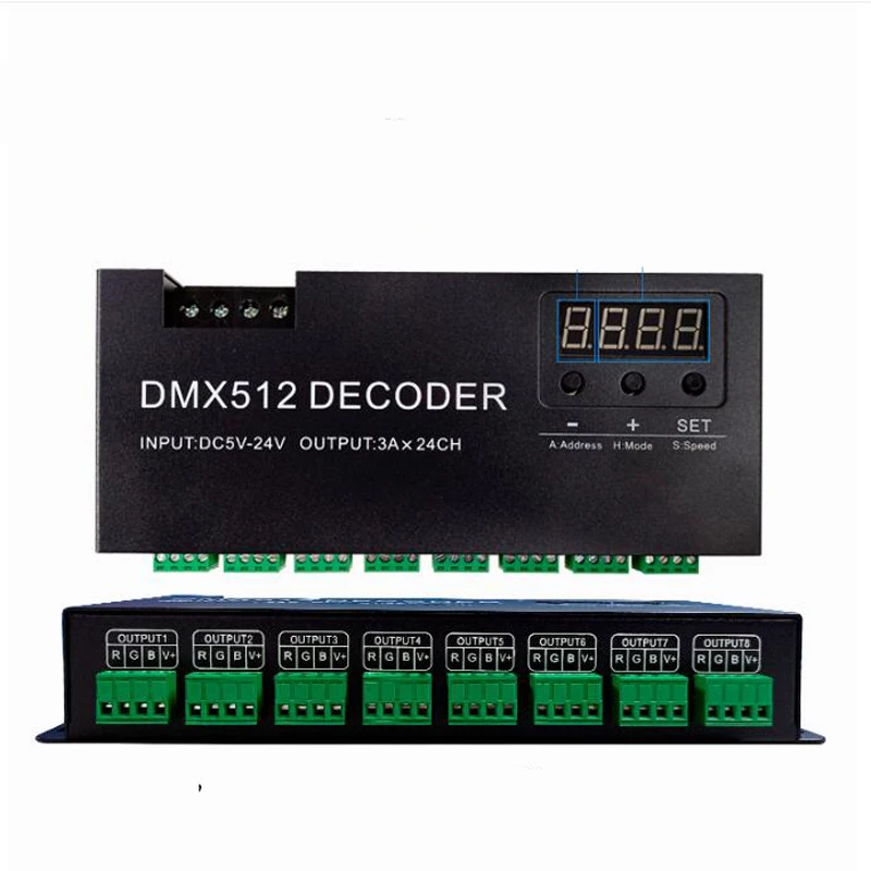 

DC5-24V PWM Control RGB Signal Digital Display RGB DMX512 Decoder 24 channel 24CHX3A 12V 864W Stage Dancing KTV Bar Light Strip