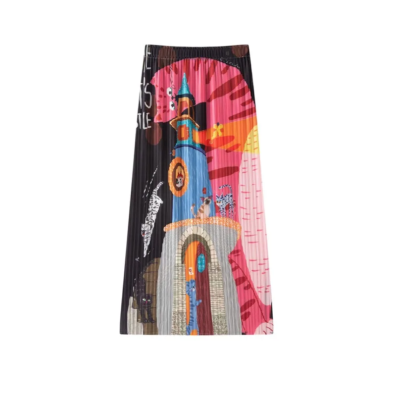 Miyake Pleated 2026 Outfit Beach Skirt Dopamine High Waist Elegant Fashion Cartoon Print A-line Skirt for Women Summer Pleat