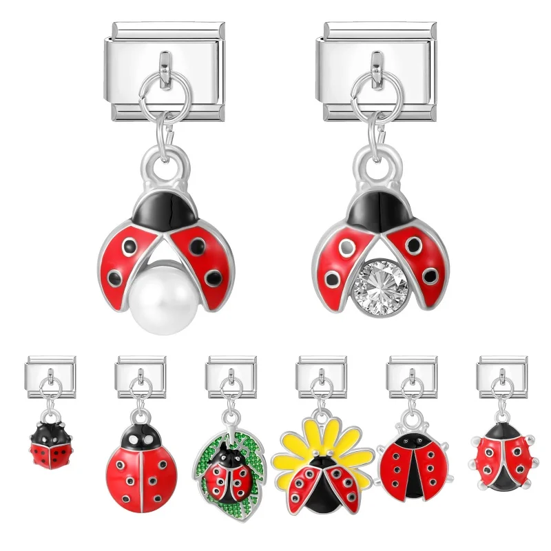 New Ladybug Element Leaf Flower Pendant Italian Charm Links Fit 9mm Stainless Steel Men Women Bracelet DIY Making Gift Wholesale