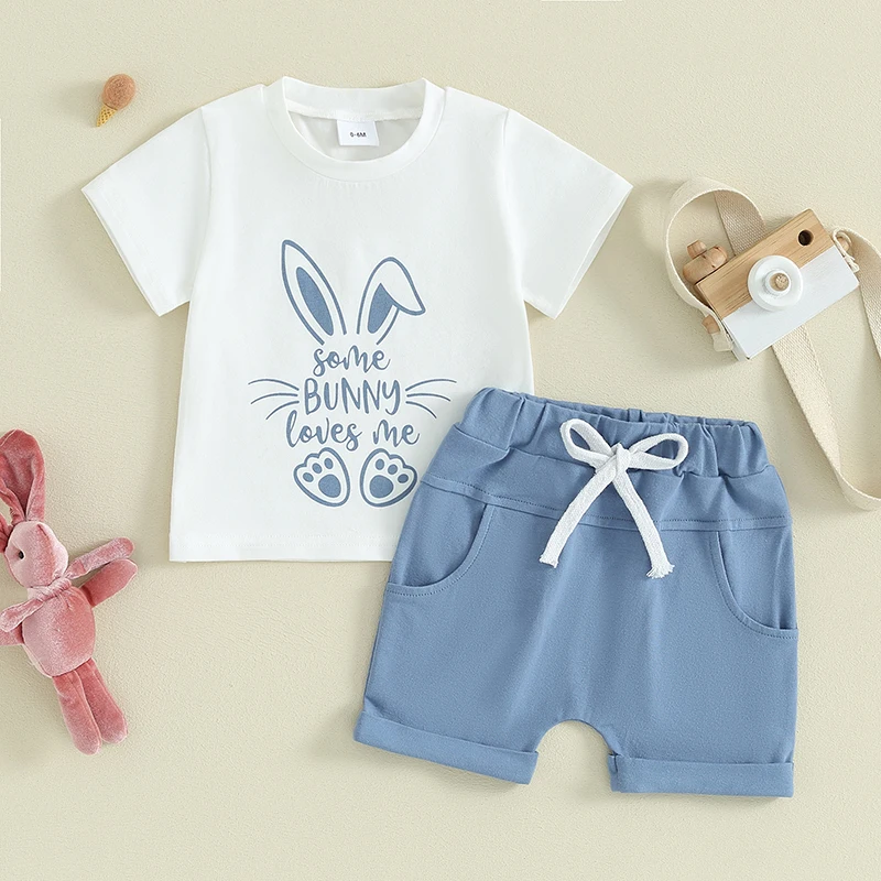 Toddler Baby Boy Easter Clothes Bunny Print Short Sleeve T Shirt Solid Elastic Waist Shorts 2Pcs Summer Cute Outfit