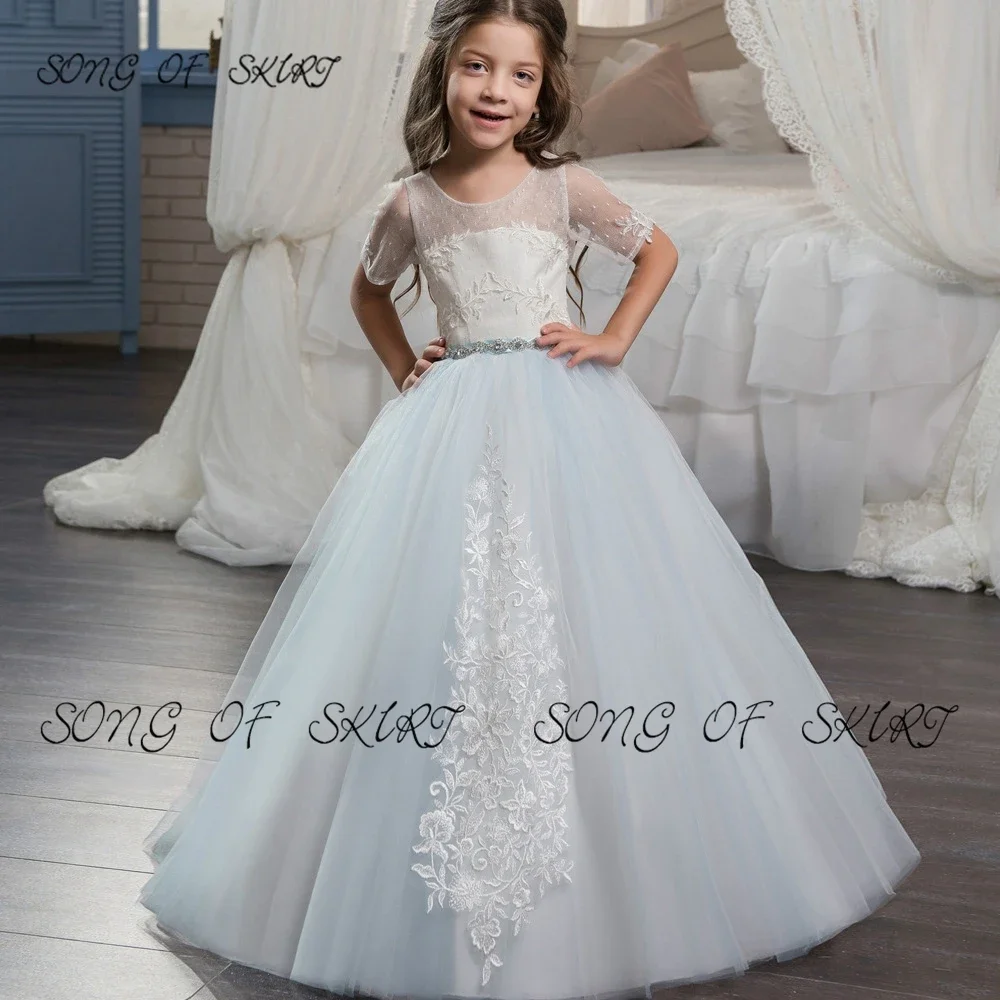 Customized Elegant Ribbon Bow Knot Flower Girl Dresses Tulle Perspective Short Sleeve Puffy Halter Floor-length Daughter Birthda