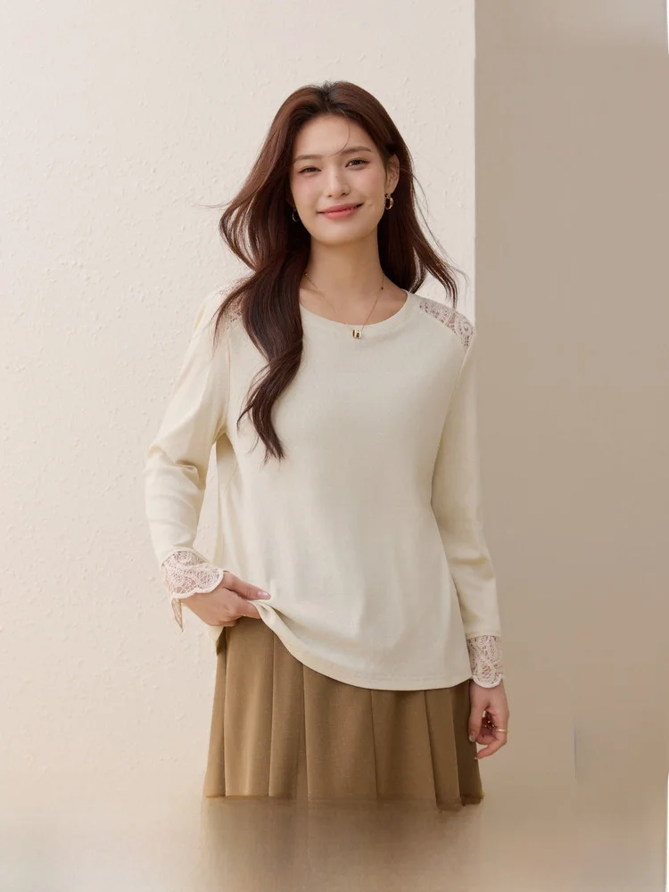 

Lace Trim Knitted Sweater Lightweight Mature Design Spring Faion for plus Size Women Breathable Cotton Polyester Blend Long...