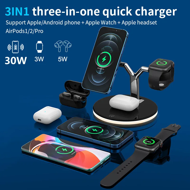 30W 3 In 1 Wireless Charger Magnetic  Fast Charging Dock Station For IPhone 14 13 12 Pro Max Mini Apple Watch 8 7 6 5 Airpods