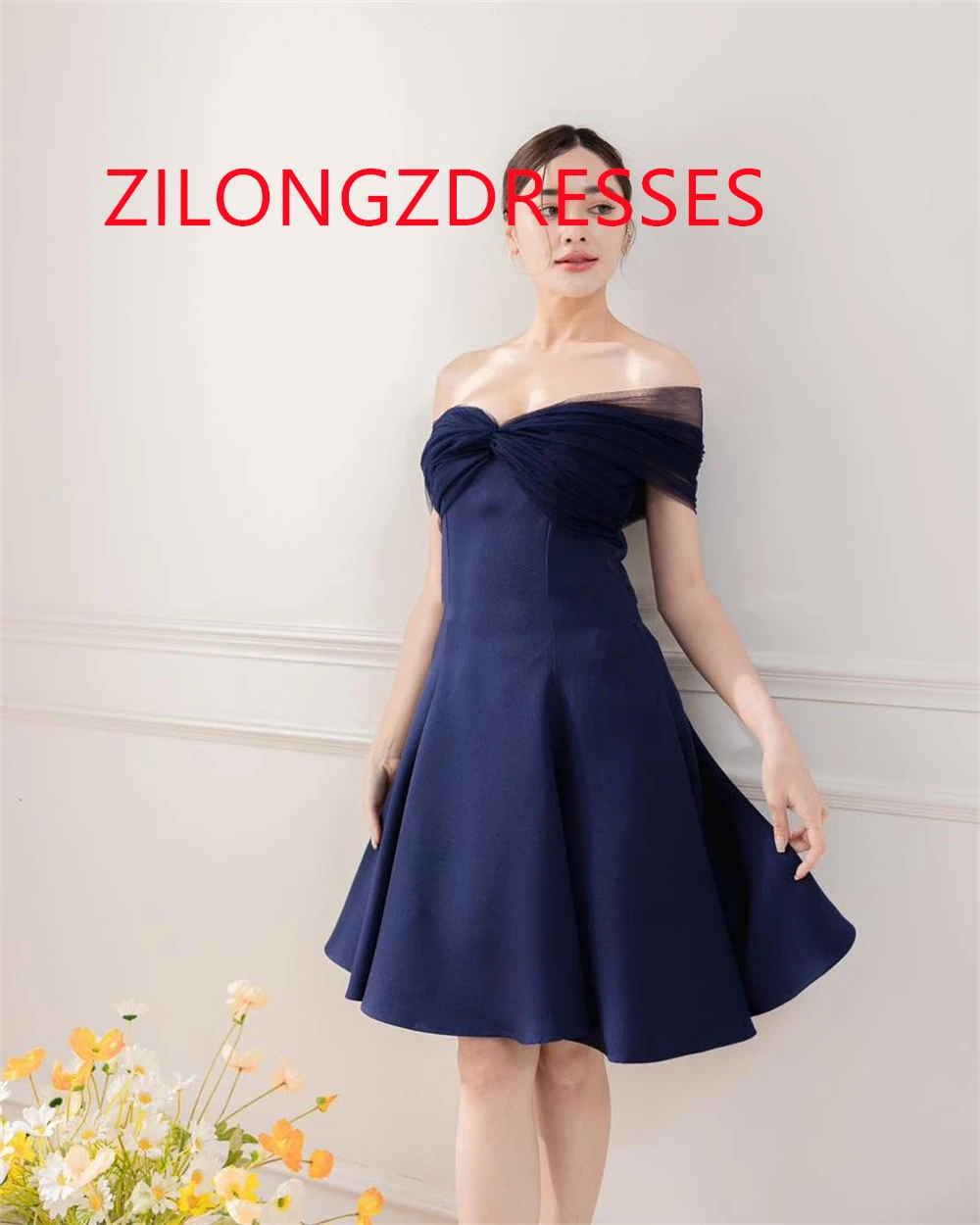 Vestido de noche de Jersey azul con temperamento personalizado, vestidos para ocasiones especiales de manga corta sin tirantes de alta calidad con hombros descubiertos