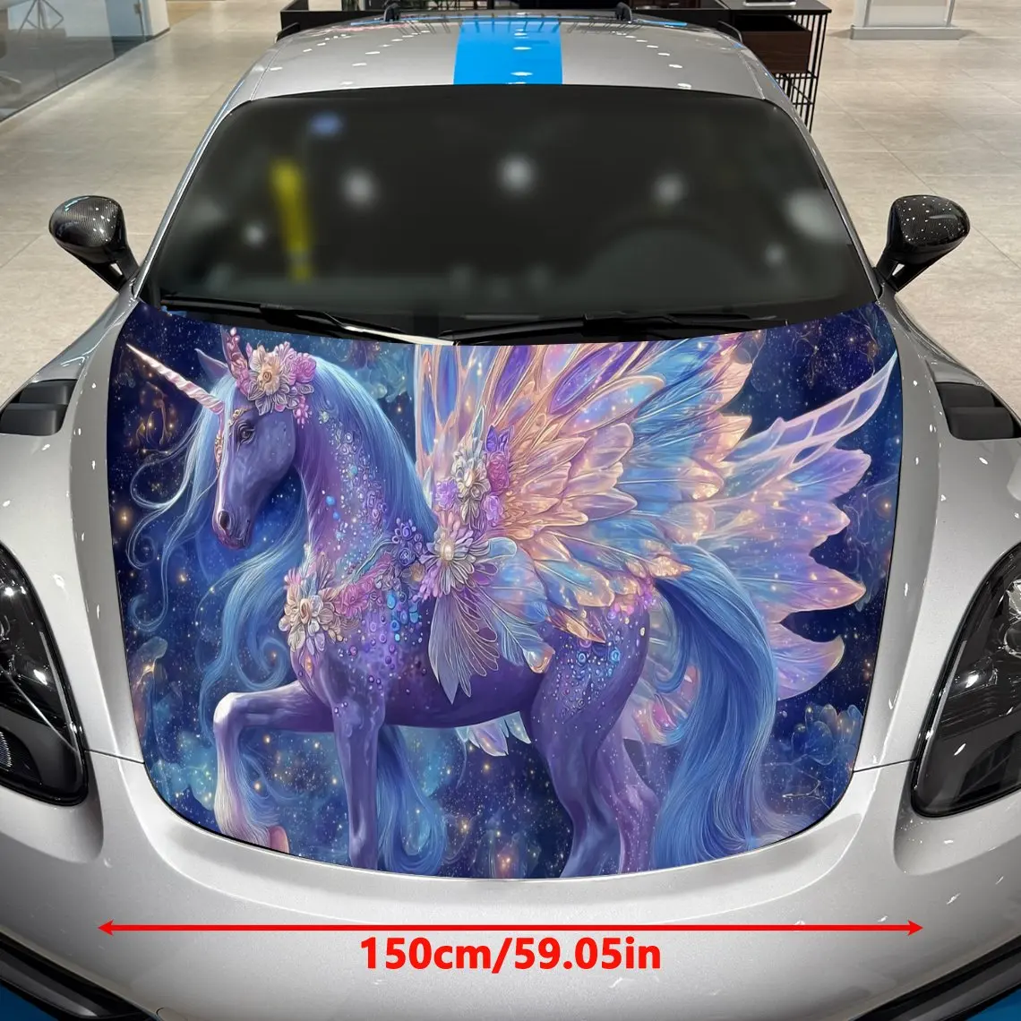 Star Field Floral Charm Unicorn Winged Beast Car Vinyl Wrap, PVC Material Waterproof Car Hood Sticker, Self-Adhesive Scratch-Res