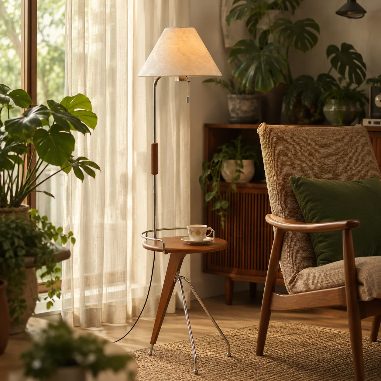 Floor Lamp with Table, Night Stand with Lamp, Narrow Side Table with LED Bulb, Small Coffee Table, Modern End Table Home Décor