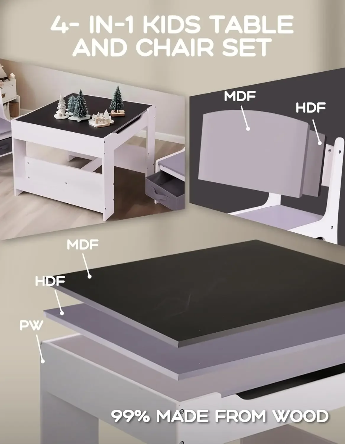 Kindertafel en stoelenset, 4-in-1 houten kindertafel en stoelen van 3-7 jaar, kindertafel en stoelen, peuterbureau voor kinderen