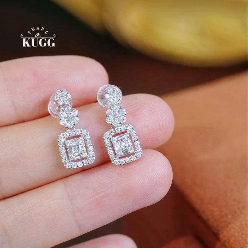KUGG 100% 18K White Gold Earrings Luxury Elegant Style 1.0carat Real Natural Diamond Stud Earrings for Women High Party Jewelry