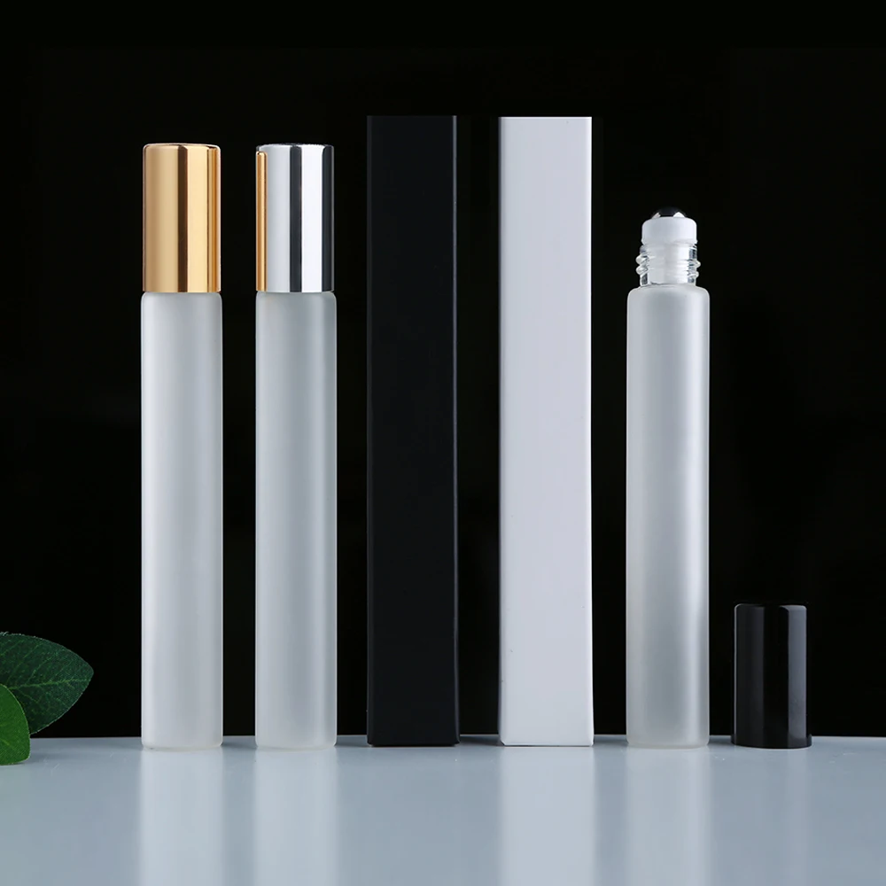 50/100개 10ml 절묘한 휴대용 젖빛 유리 롤온 병(상자 포함), 재사용 가능, 향수/에센셜 오일 디캔팅용 탑