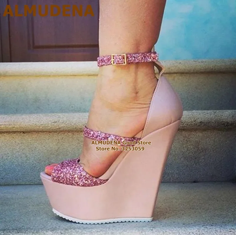 

ALMUDENA Pink Bling Bling Sequined Wedge Sandals High Platform Buckle Strap Dress Shoes Size46 Glittering Gladiator Pumps Women
