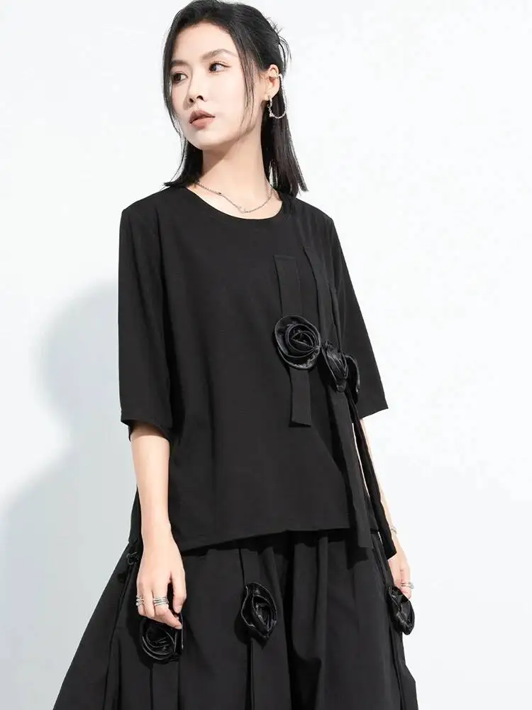 Flower Women Black Ribbons Big Size Casual T-shirt New Round Neck Short Sleeve Fashion  Spring Summer 2026 7EL2