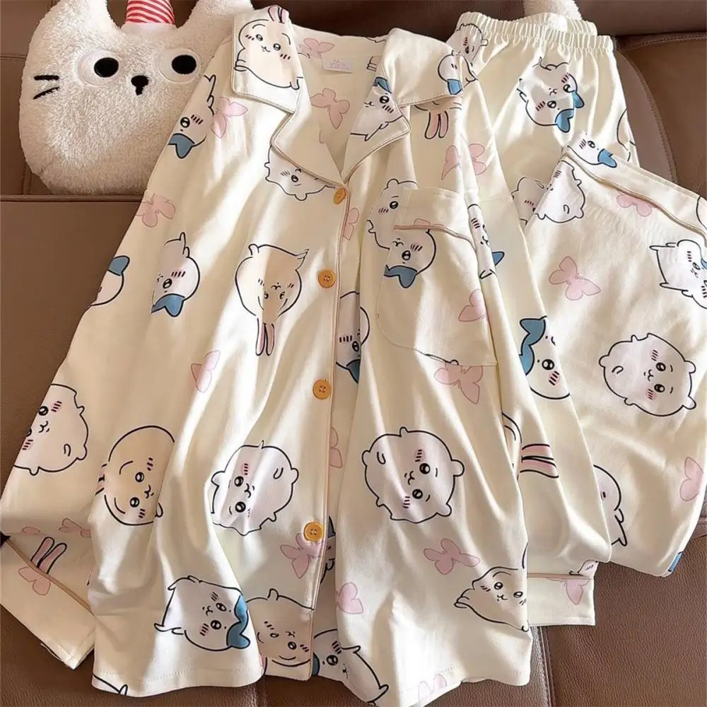 Cartoon Hachiware Autumn Long Sleeve Pants 2Pcs Cute Chiikawa Women Pajamas Suit Cotton Thickened Anime Cartoon Girls Homewear