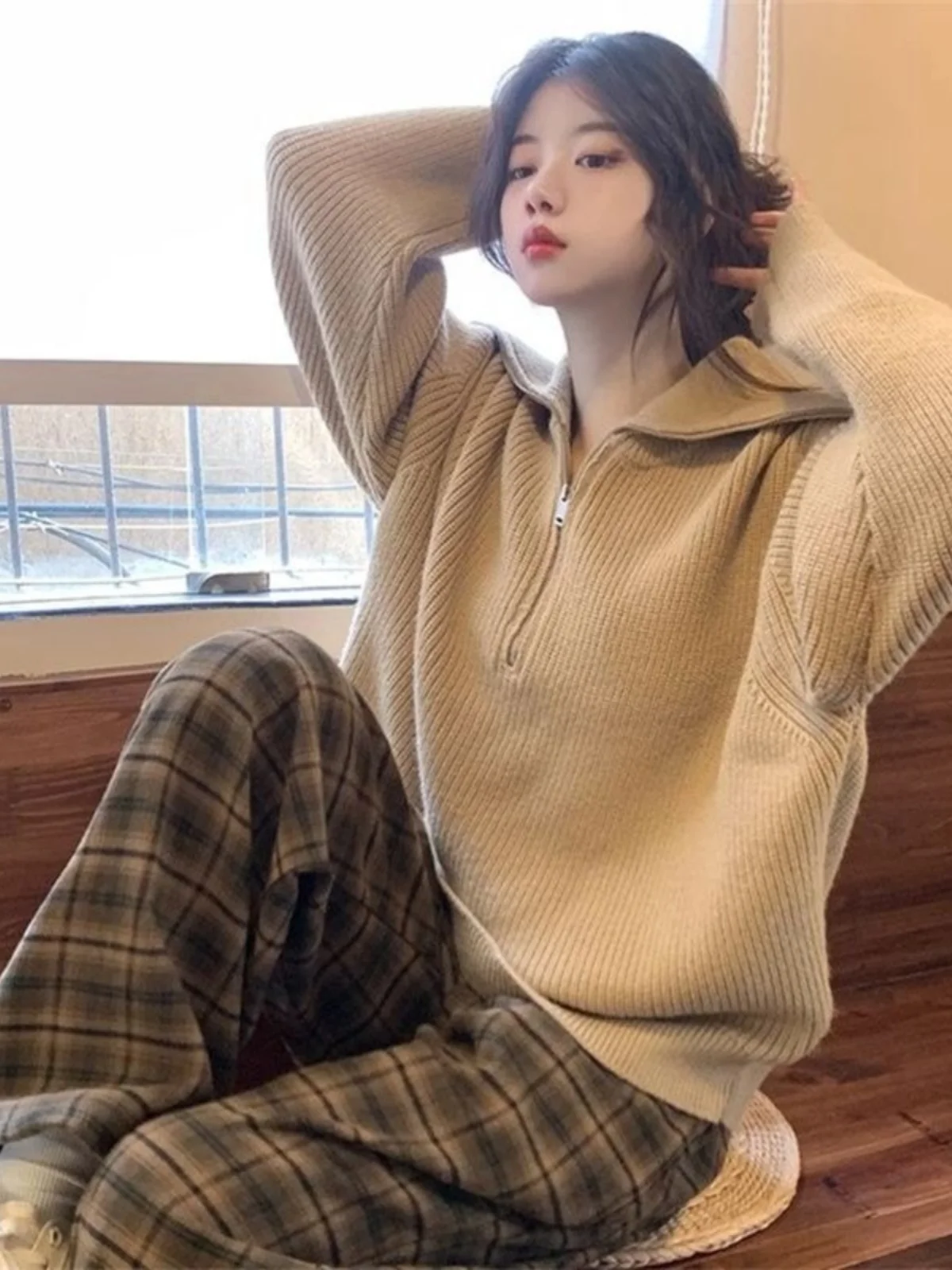 Felpa con cappuccio morbida Sle coreana con zip da donna primavera autunno vintage versatile allentata dimagrante colletto ampio top lavorato a maglia