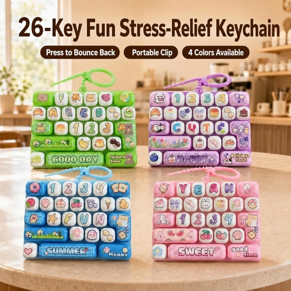 Cute 26 Keys Mechanical Keyboard Toy Hanging Gift Toy Keycap Clicker Toy Cartoon Stress Relief Fidget Toy Bag Charm