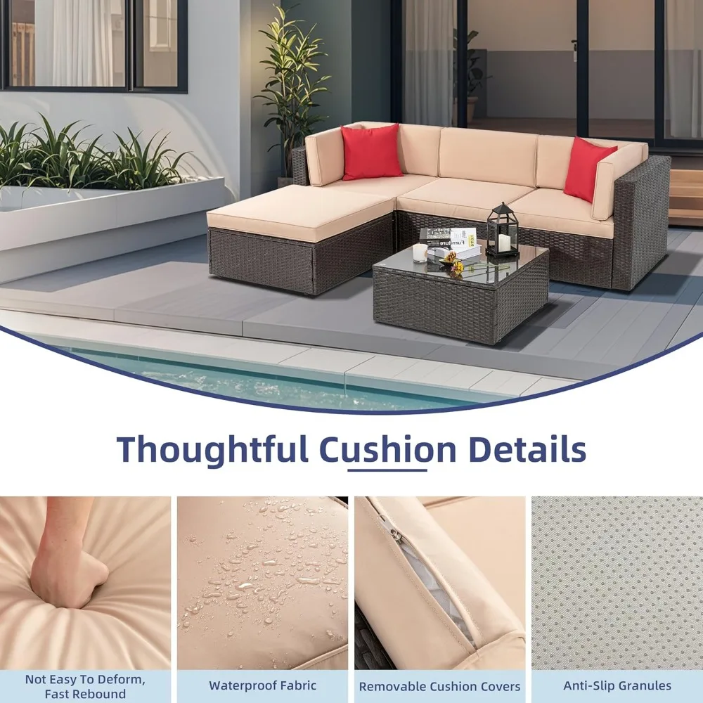 مجموعة فناء مكونة من 5 قطع: أريكة مقطعية من الخيزران البني لجميع الأحوال الجوية - مجموعة محادثة خارجية للحديقة والفناء #5