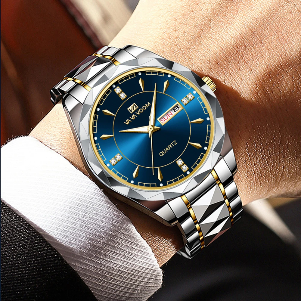 VA VA VOOM hommes montre en acier inoxydable classique noir strass luxe horloge d'affaires 3Bar semaine mouvement sport montre-bracelet à Quartz