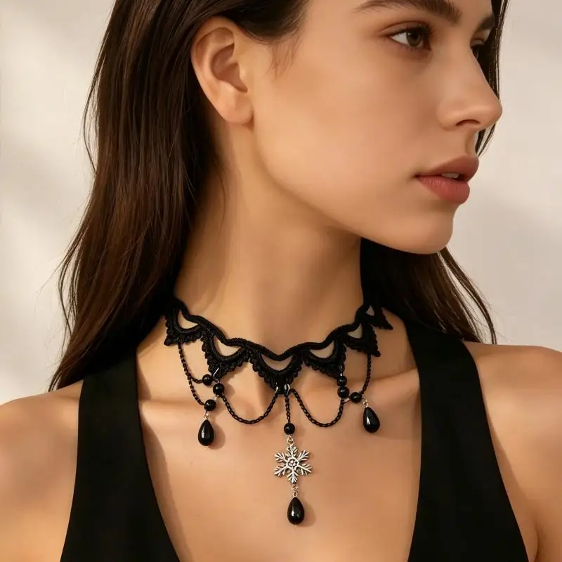 New Sexy Gothic Chokers, Crystal Black Lace Choker Necklace Vintage Steampunk Neck Jewelry for Women Party Costume Accessories