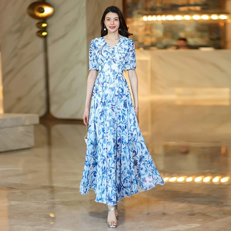 

New Women Summer Blue Print Dress Fashion V-Neck Short Sleeve High Waist Slim Long Dress Elegant Beautiful Floral Dress