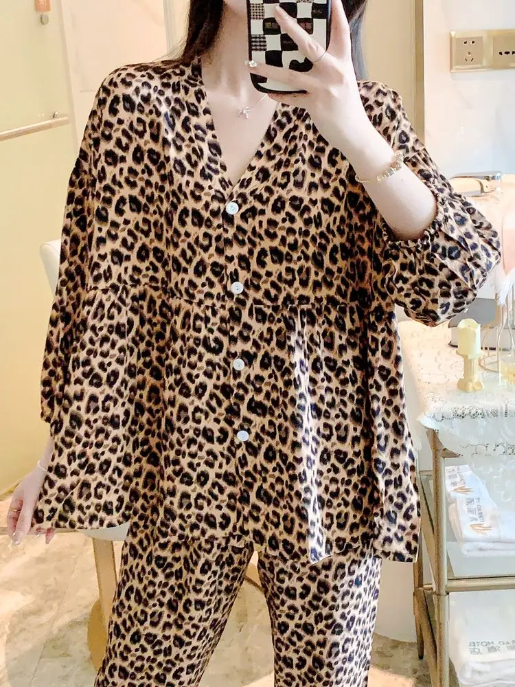 Spring Autumn Womens Leopard Print Pajama Sets