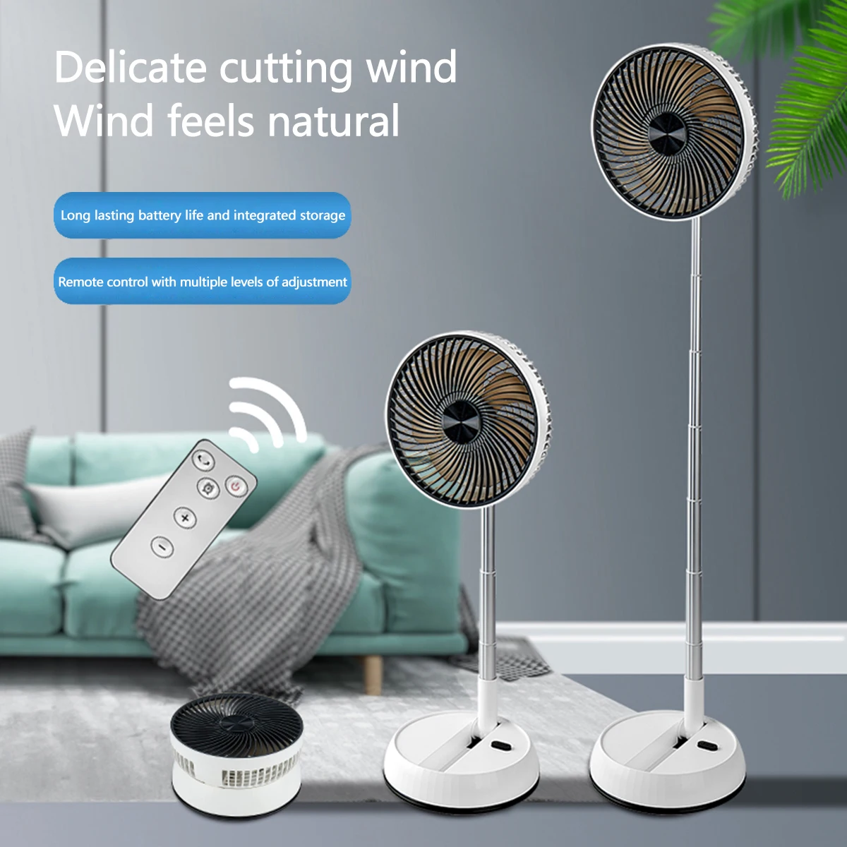 Portable Oscillating Standing Fan with Remote Controller Foldable Desk Fan Rechargeable Battery Powered Pedestal Fan for Camping