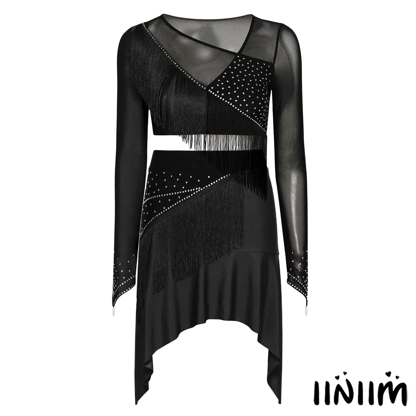 

Womens Lyrical Dance Set Modern Contemporary Costume Tassel Long Sleeve Mesh Crop Top with Skirt 2Pcs Ballet Latin Dance Outfit