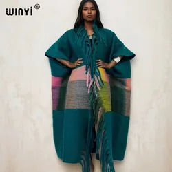 WINYI Catwalk model winter coat dress for women Africa print tassels Luxury Long Fur Loose OverCoat Thick Warm long down coat