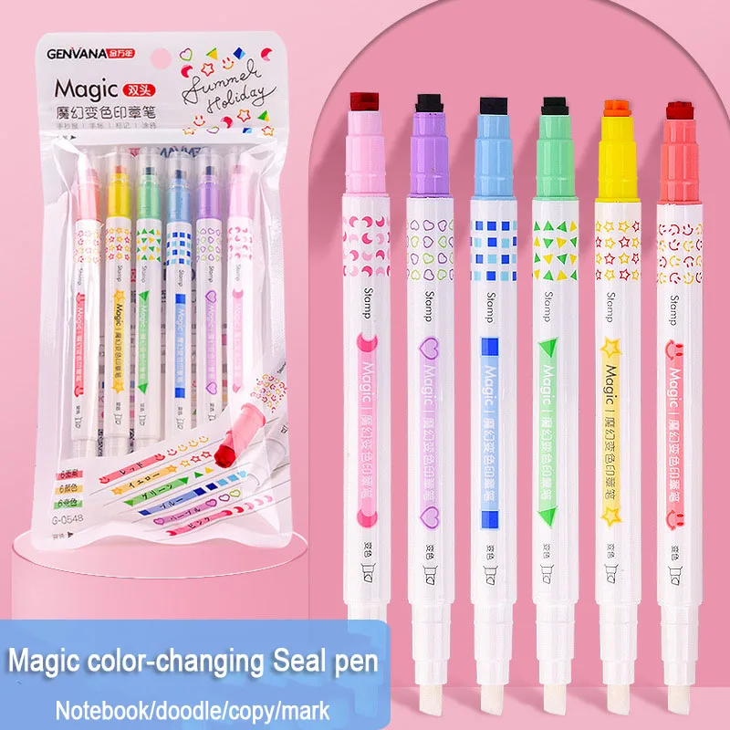 6pcs Magic Seal Pen Double-Headed Lace Pen Notebook Graffiti Outline Pen Key Mark Fluorescent Pen Marking Pen