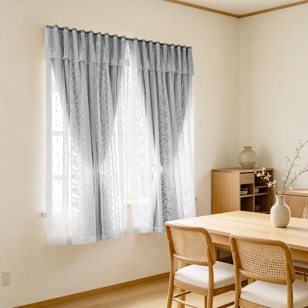 Grey Double‑Layer Lace Curtain with Valance, No‑Drill Magic Tape, 2‑in‑1 for Bedroom Living Room, 2 Panels