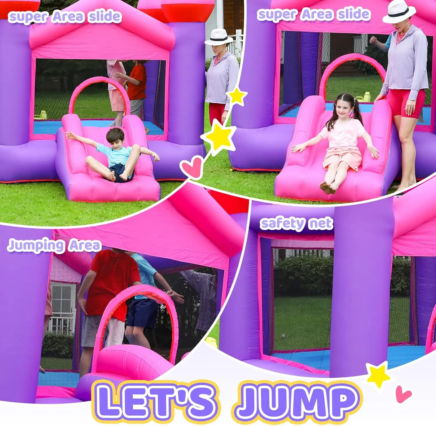 Hüpfburg, aufblasbares rosa Hüpfhaus für Kinder von 3–6 Jahren, Hüpfburg mit Rutsche für große Kinder, aufblasbare Hüpfburg, Hüpfburg