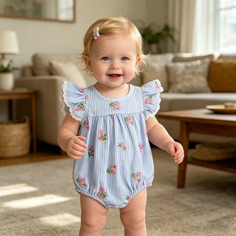 2026 New Summer 0-24M Toddler Baby Girls Flying Sleeve Cotton Striped Jumpsuit Floral Patterns Western Baby Girl Blue Romper