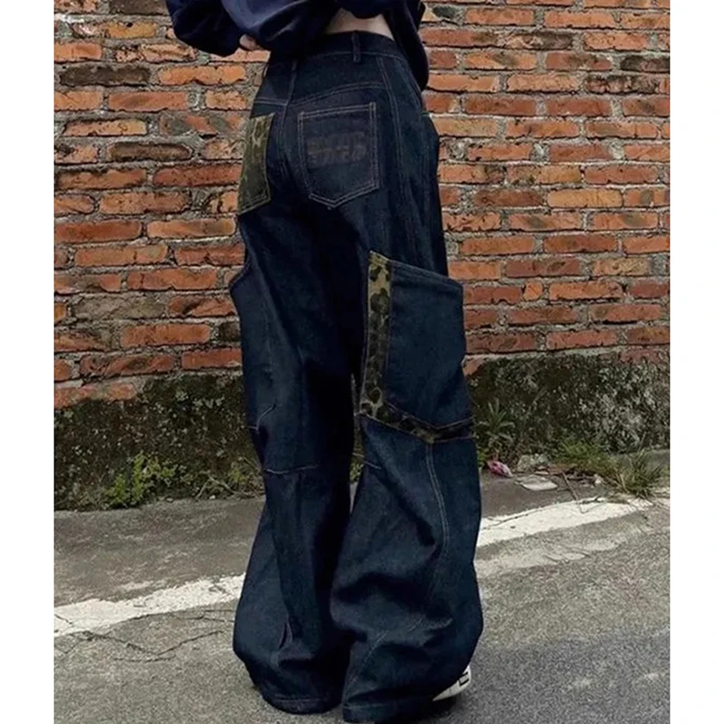 

Women American Leopard Jeans Vintage Loose Lazy Casual Denim Pants Patchwork Hiphop Street Wide Leg Pants Chic Blue Trousers