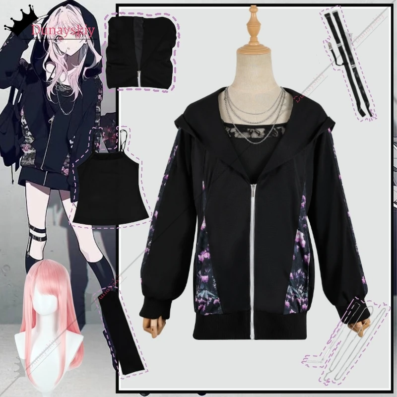 프로젝트 세카이 25 나이트코드 아키야마 미즈키 코스프레 코스튬 데일리 세트 블랙 후드티, 아키야마 미즈키 가발, 여성 크리스마스 할로윈