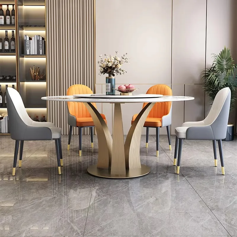 

Круглый обеденный стол с золотыми ножками, прочный обеденный гарнитур из спеченного камня, оптовая продажа, роскошный обеденный стол со стульями
