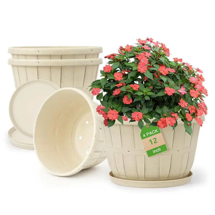 

Большие цветочные горшки 12 дюймов для растений (для дома и улицы), набор из 4 пластиковых горшков с дренажным отверстием и поддоном, современные декоративные.